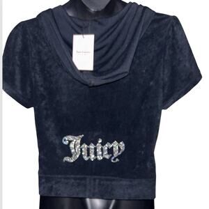 JUICY COUTURE RHINESTONE TERRYCLOTH BLACK XL SHORT-SLEEVE ZIP UP HOODIE NWT